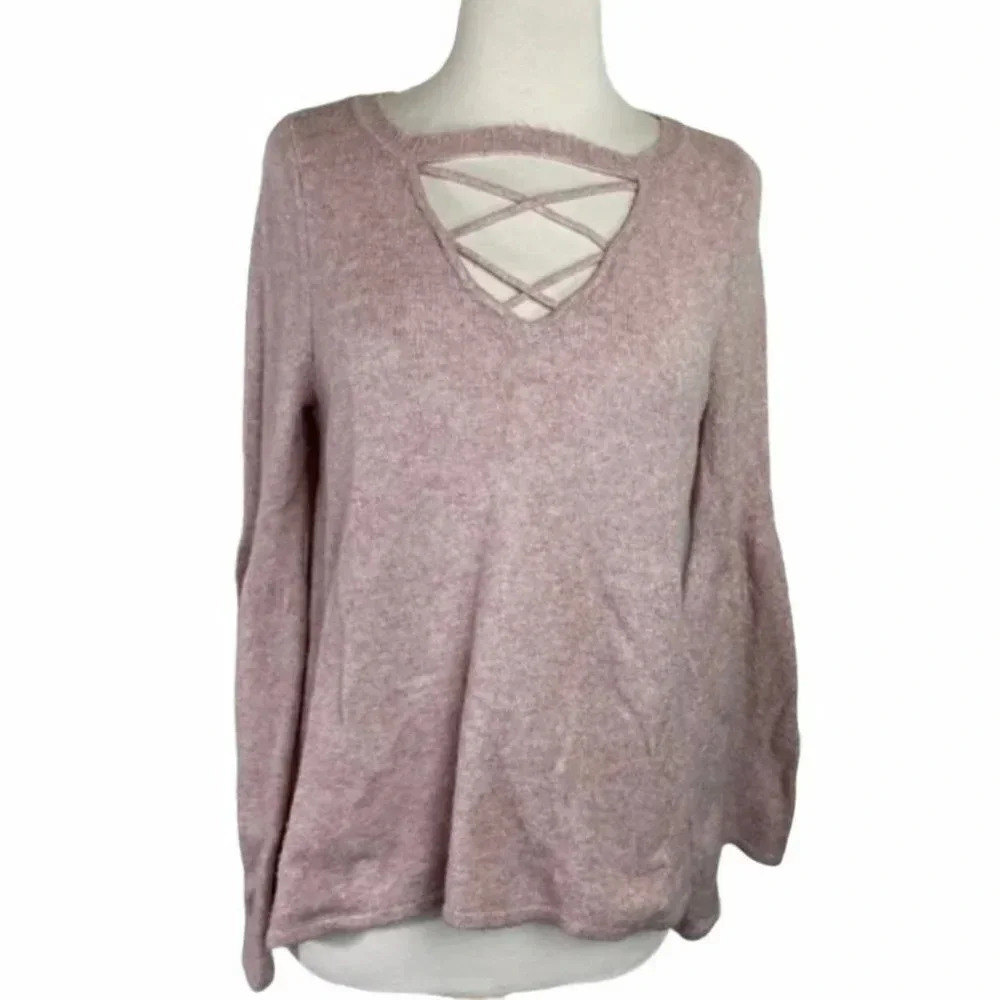 American Eagle Sweater Large Pink Lattice V-Neck Bell Sleeve Soft Knit Boho
